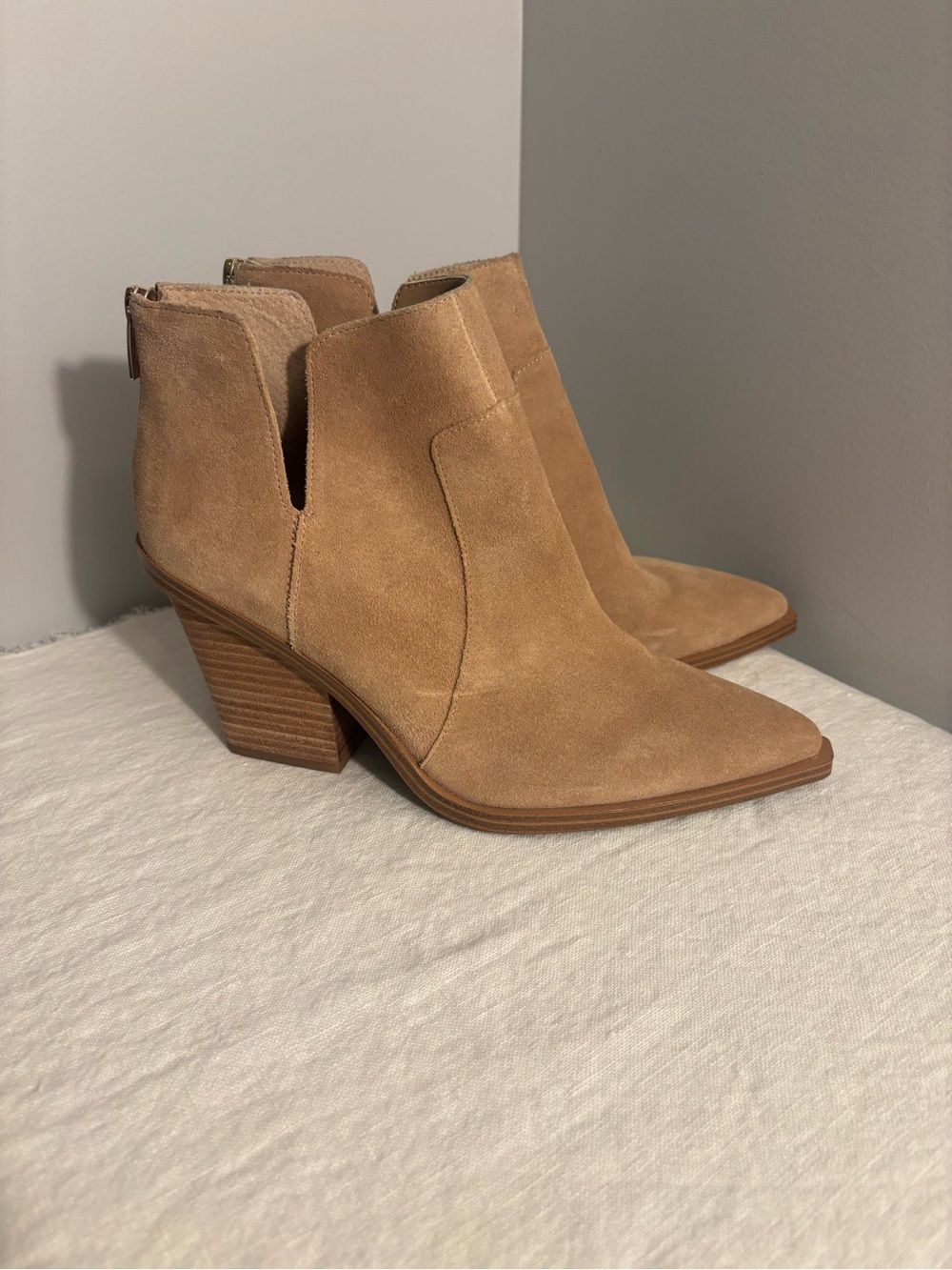 Vince Camuto Tan Suede V-Cut Ankle Booties with Stacked Heel